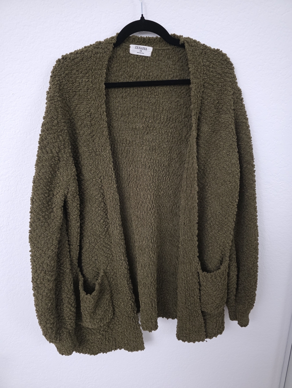 Zenana Outfitters Brown Open-Front Popcorn Plush Cardigan with Pockets